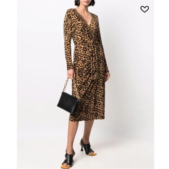 Norma Kamali Dress Pantera Midi Wrap in Leopard Black Brown - Picture 1 of 6